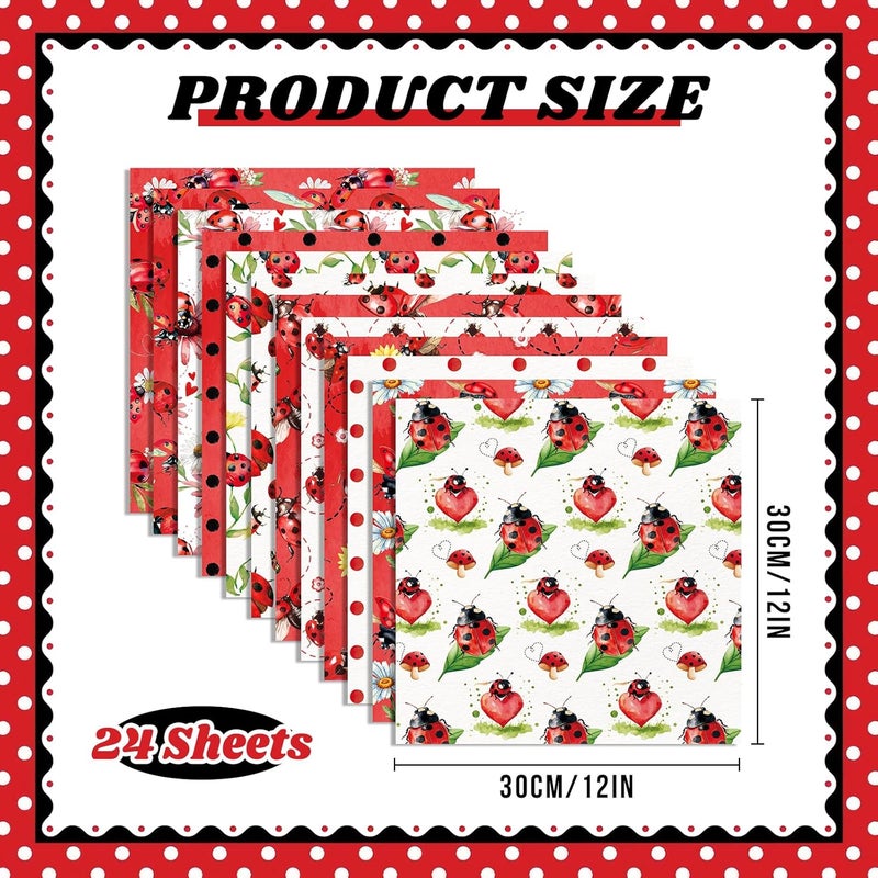 Feivando 24 Sheets Ladybug Scrapbook Paper 12'' × 12'' Double-Sided Red Ladybug Pattern Paper Insect Flower Decorative Decoupage Cardstock for DIY Card Craft Making Scrapbook Supplies - Image 2